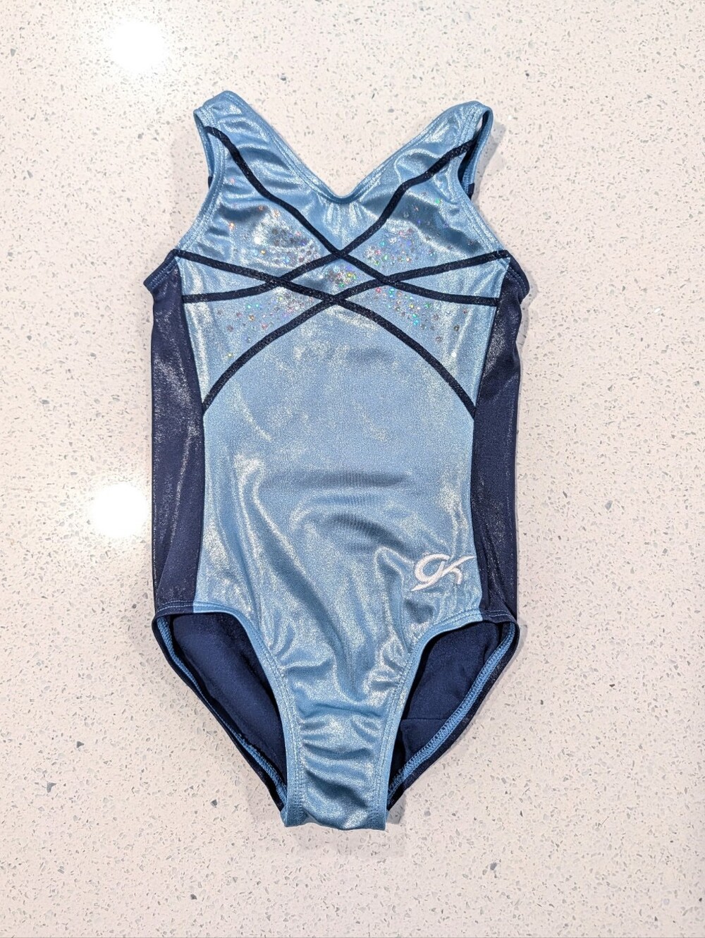 GK ELITE Gymnastics Dance Leotard CXS Child Extra Small POWDER Navy Blue SEQUINS